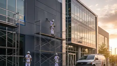 Professional commercial painters in Sacramento, CA applying durable exterior paint to business building