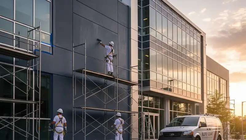 Professional commercial painters in Sacramento, CA applying durable exterior paint to business building