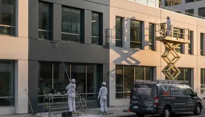 Professional commercial painters working on an office exterior in Sacramento, CA
