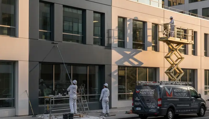 Professional commercial painters working on an office exterior in Sacramento, CA