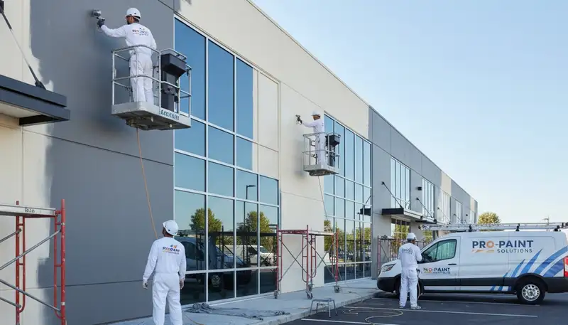 Professional commercial painters finishing office exterior in Sacramento, CA