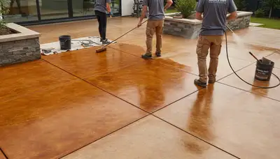 Professional concrete staining on residential patio in Sacramento, CA by expert floor finishers