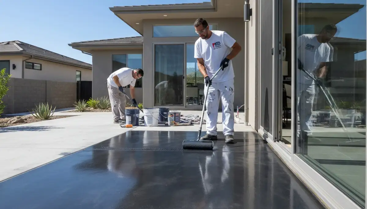 Professional concrete staining on residential patio in Sacramento, CA by expert house painters