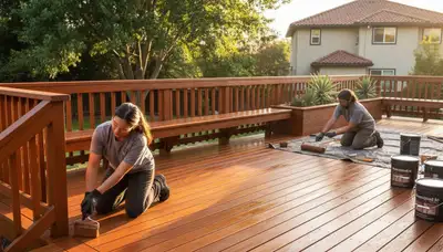 Professional deck staining in Sacramento CA enhancing wood grain with UV and moisture protection