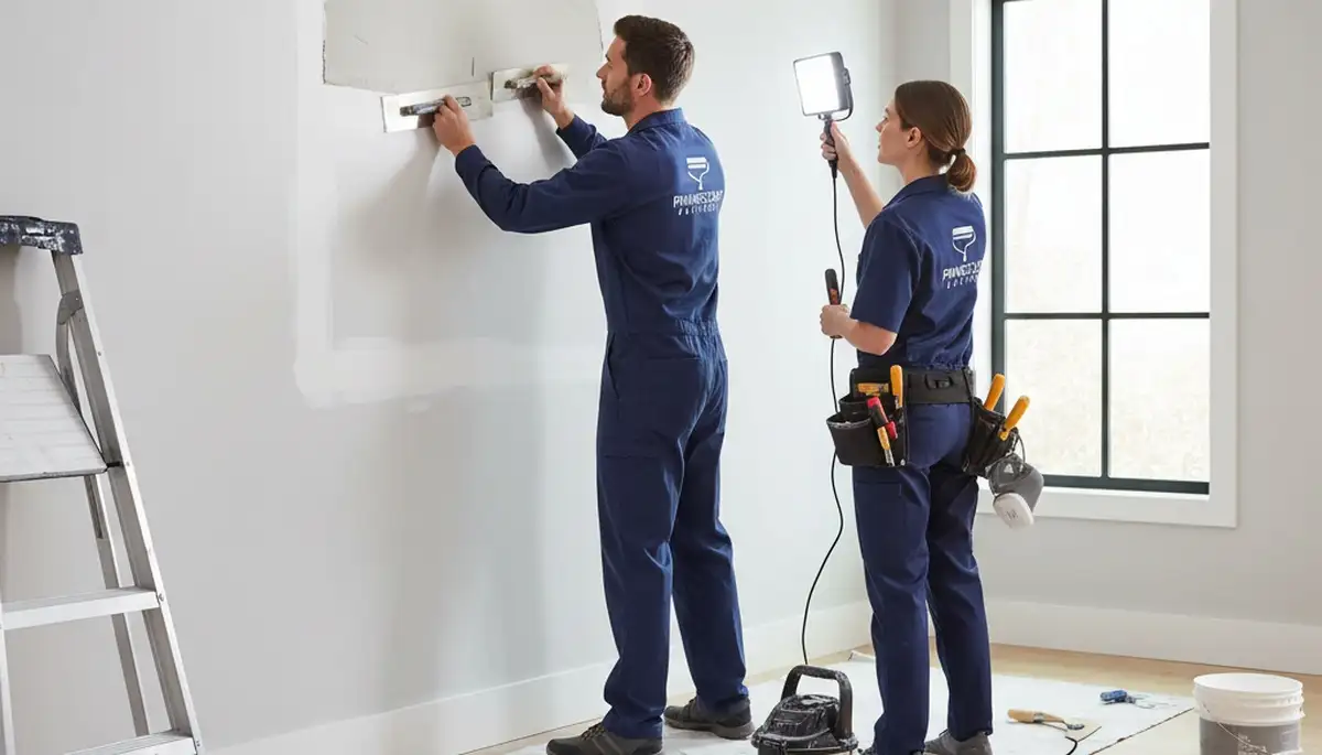 Drywall repair experts fixing wall cracks and holes in a Sacramento, CA home interior