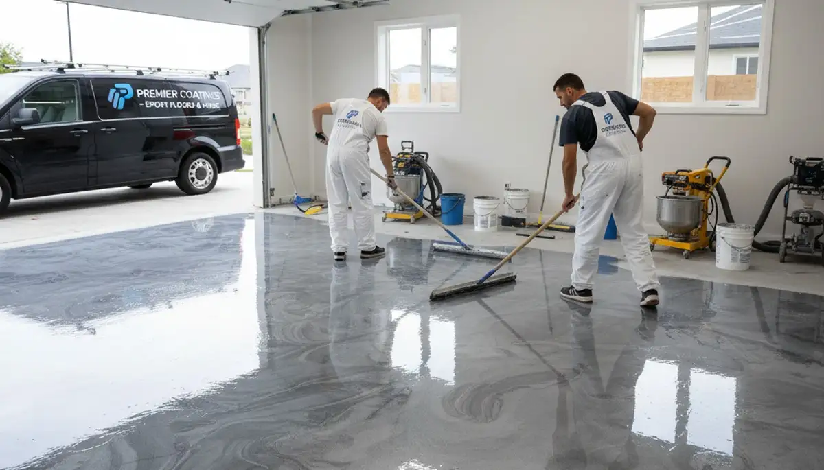 Professional epoxy floor coating in Sacramento CA garage with durable, glossy finish