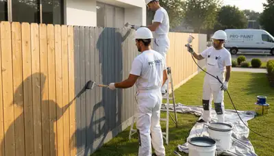 Professional fence painters coating wood fence in Sacramento, CA for durable, weather-resistant finish