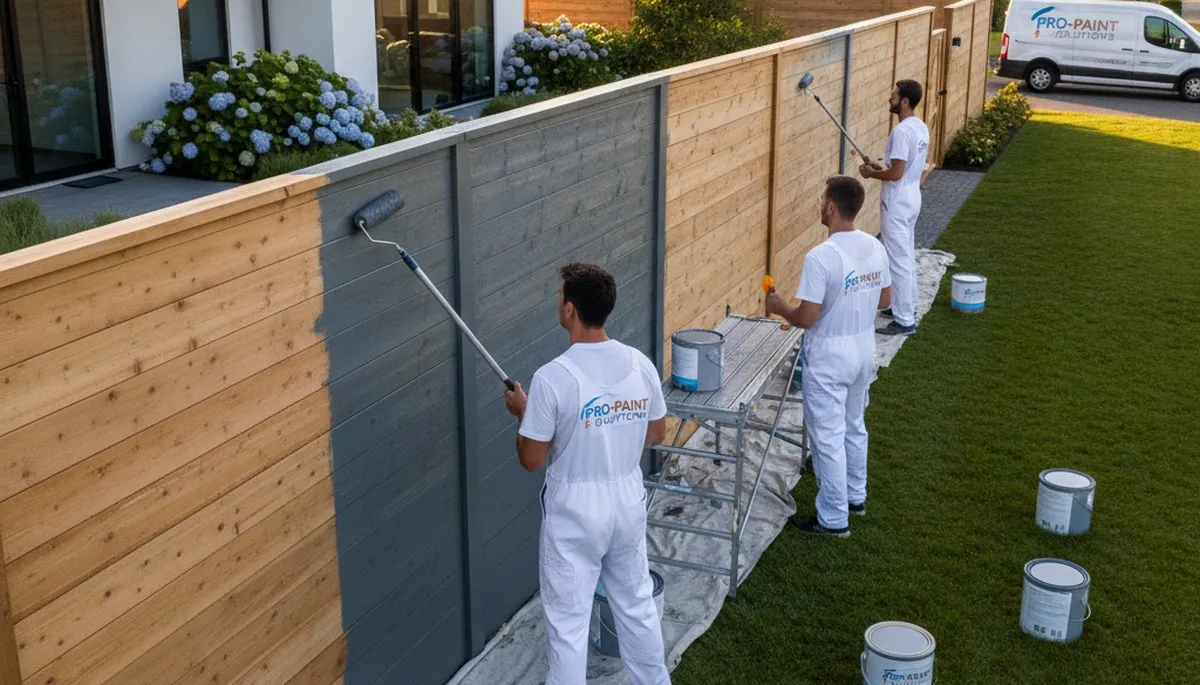 Professional fence painters coating wood fence in Sacramento, CA with durable outdoor paint