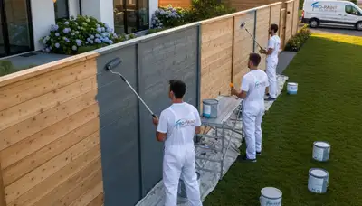 Professional fence painters coating wood fence in Sacramento, CA with durable outdoor paint