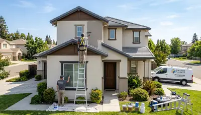 Professional house painters working on residential exterior in Sacramento, CA
