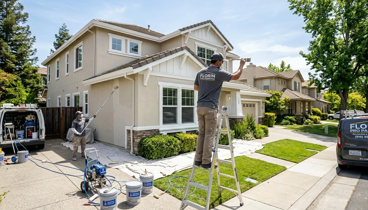 Professional house painters working on residential exterior in Sacramento, CA