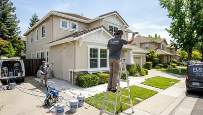 Professional house painters working on residential exterior in Sacramento, CA