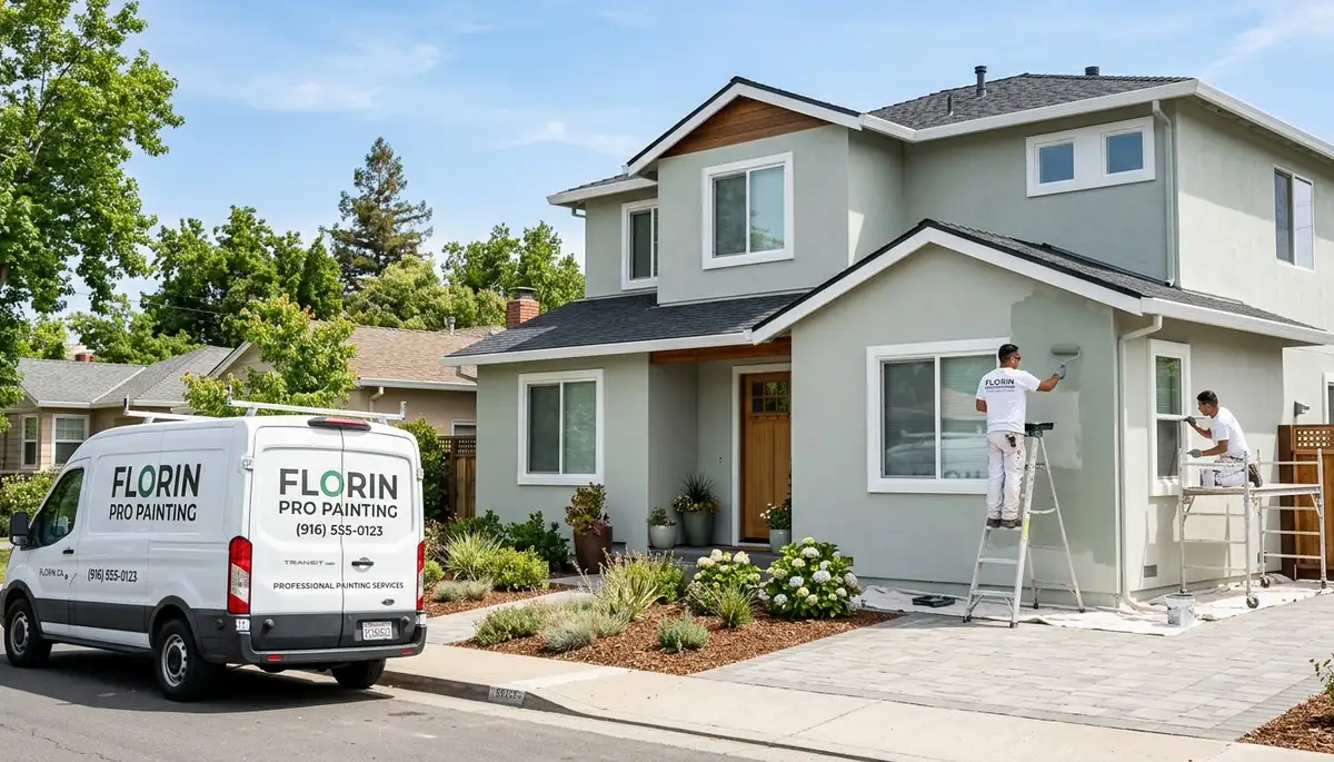 Professional house painters working on residential exterior in Sacramento, CA