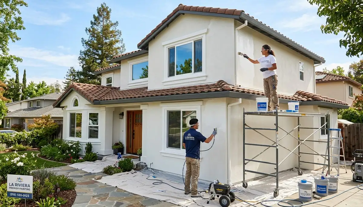 Professional house painters applying exterior paint to a home in Sacramento, CA