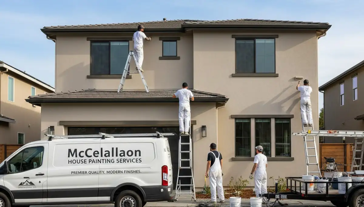 House painting crew painting a Sacramento, CA home exterior with professional tools and ladder