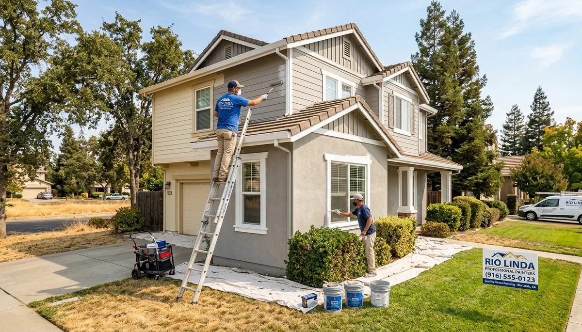 Professional house painters working on exterior home in Sacramento, CA