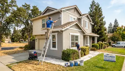 Professional house painters working on exterior home in Sacramento, CA