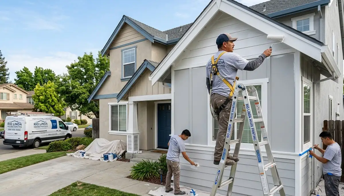 Professional house painters working on exterior home repaint in Sacramento, CA