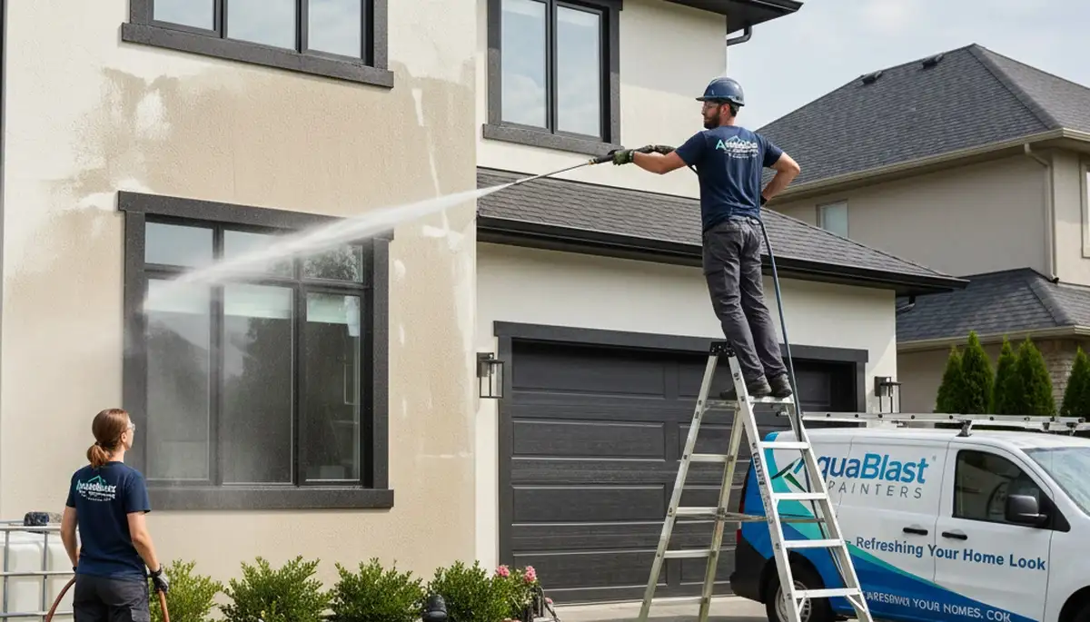 Professional pressure washing a Sacramento, CA home exterior by expert house painters restoring curb appeal