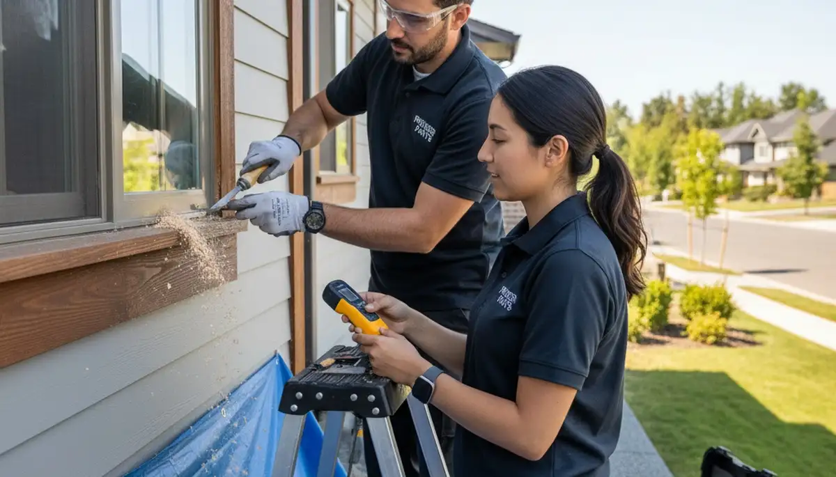Professional wood rot repair on Sacramento, CA home siding by expert house painters